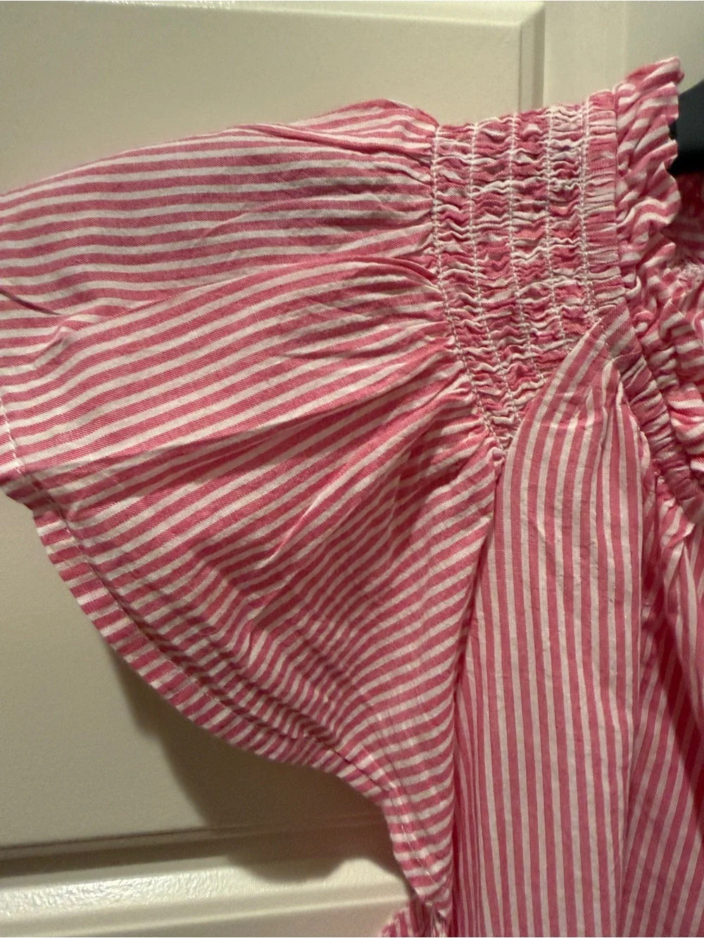 J. Crew Pink and White Striped Flutter Sleeve Top